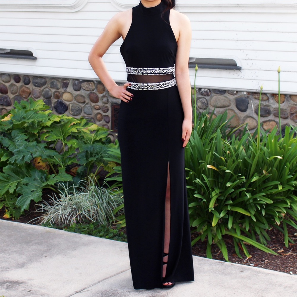 B Darlin Women's Black Halter Silver Rhinestone Beaded Mesh Long Prom Dress